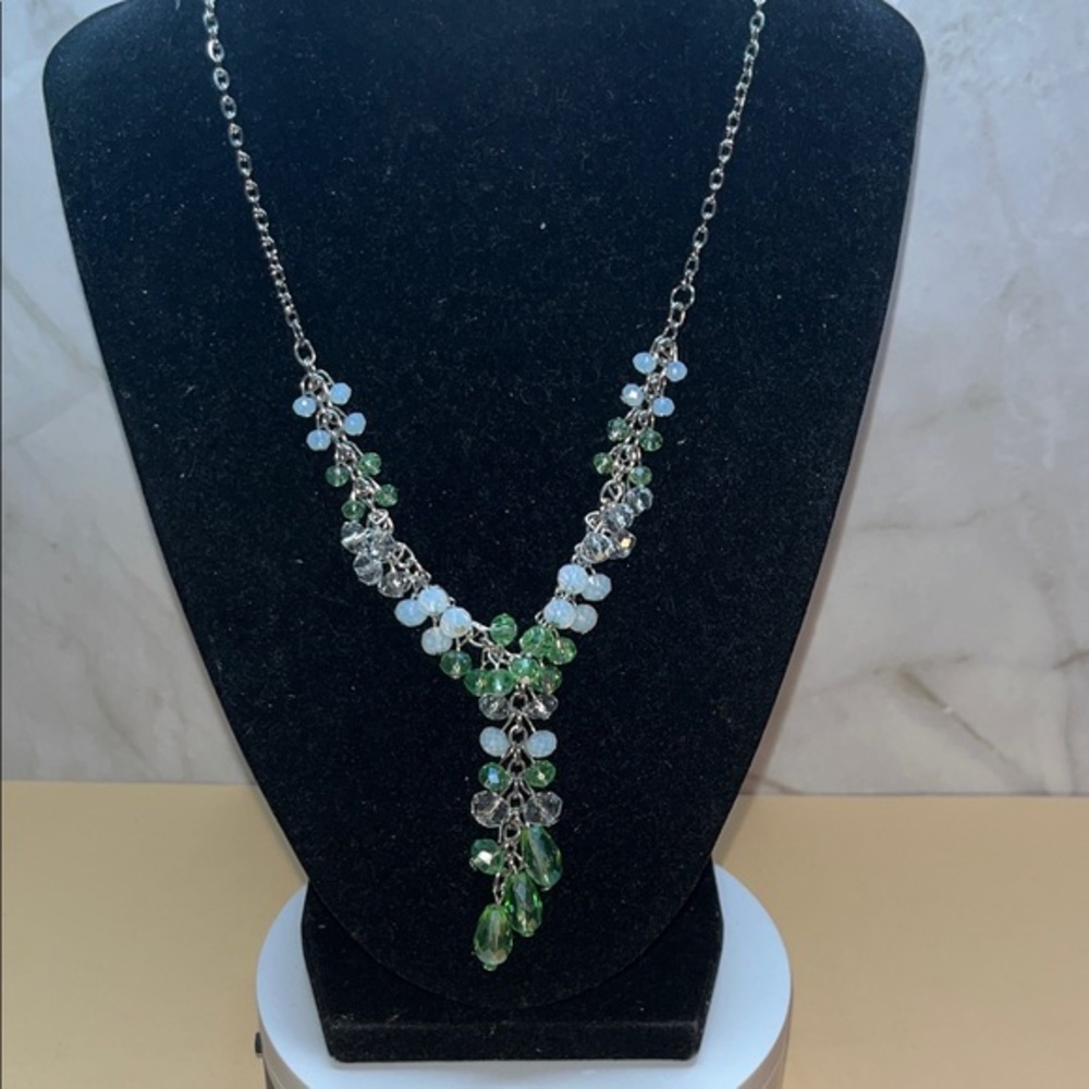 Elegant Green and Silver Necklace with AB stones